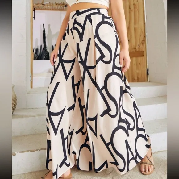 Plus Size Boho Alphabet Letter Print Pocket High Waist Wide Leg Palazzo Pants - Picture 6 of 6